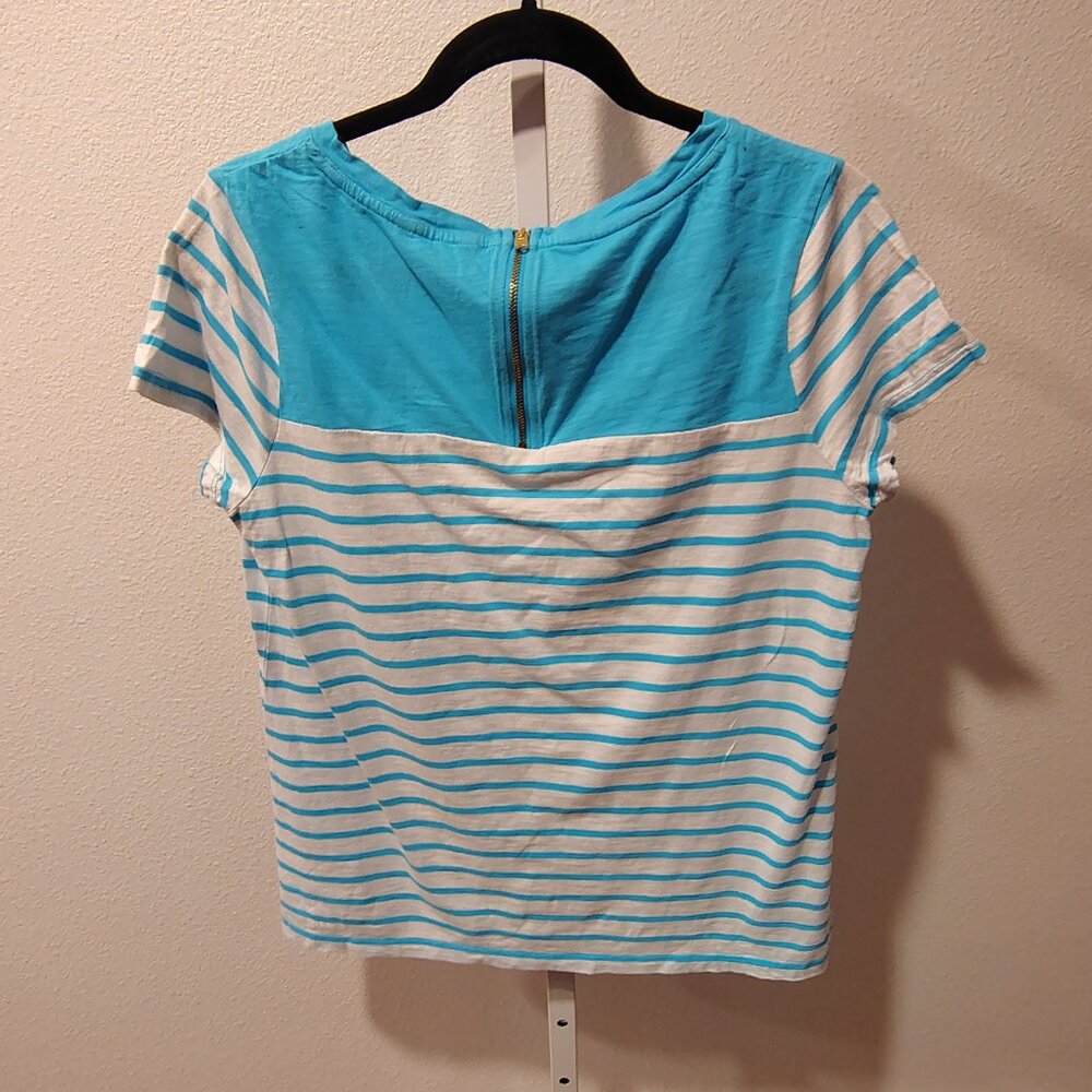 Tommy Hilfiger Women's Blue and White Striped Top Size Large Cotton Short Sleeve - Picture 8 of 11